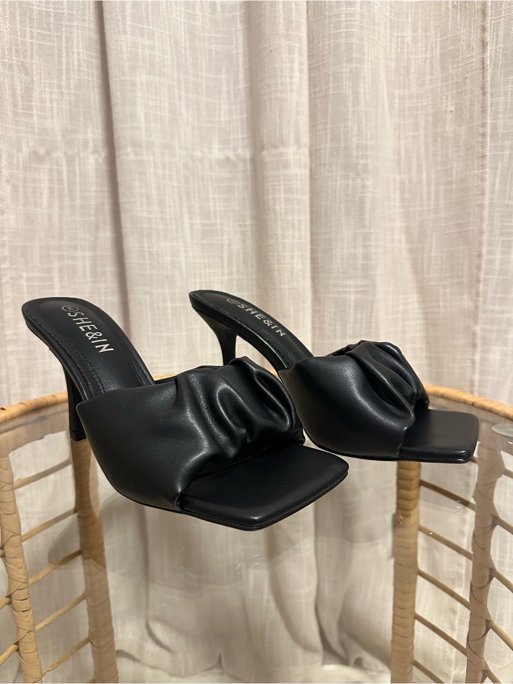 SHEIN Black Ruched Square-Toe Kitten Heels